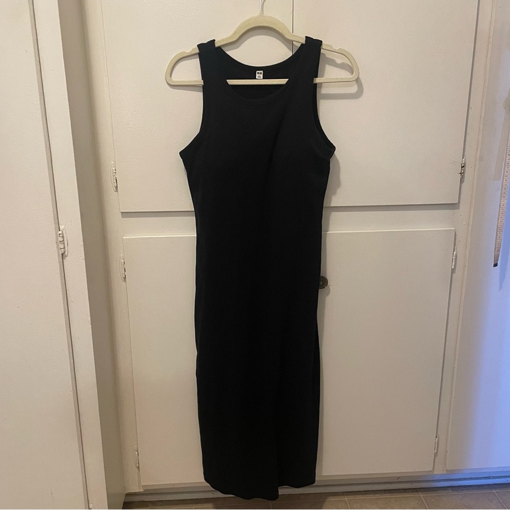Uniqlo Black Midi Dress with Built-in Bra | Ribbed Cotton with Stretch